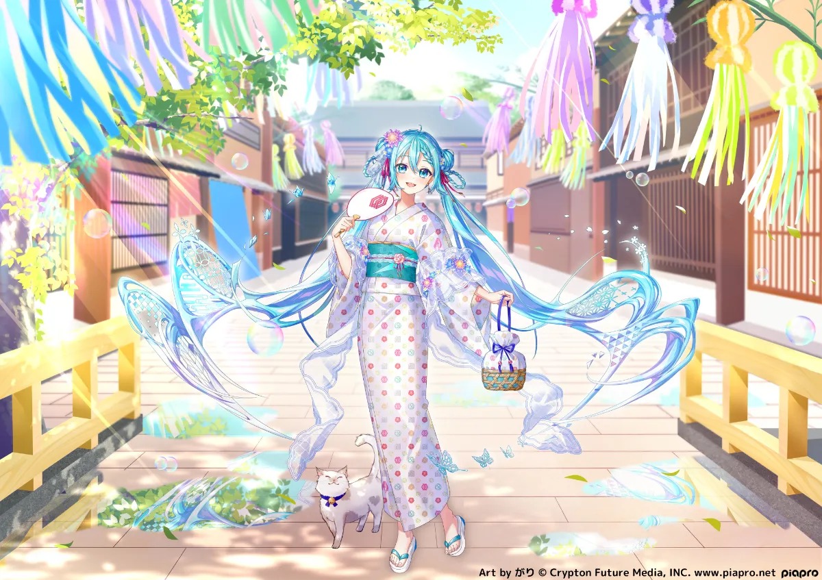 七夕飾りの街並みを浴衣姿で歩く初音ミク